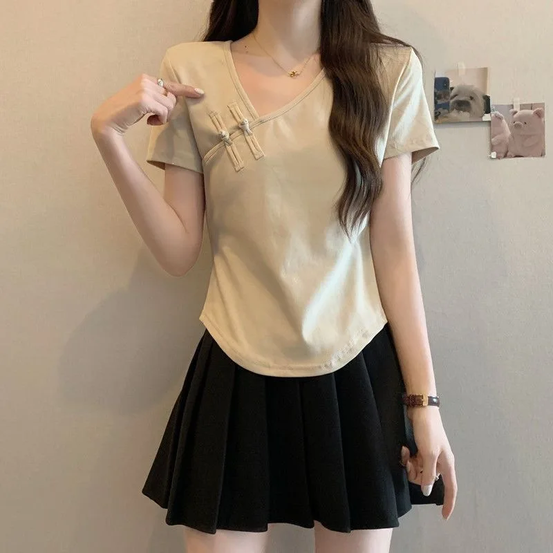 Women's Beige V Neck Short Sleeve Top With Frog Buttons Irregular Hem Casual Slim Fit Blouse
Women's Beige V Neck Short Sleeve Top With Frog Buttons Irregular Hem Casual Slim Fit Blouse