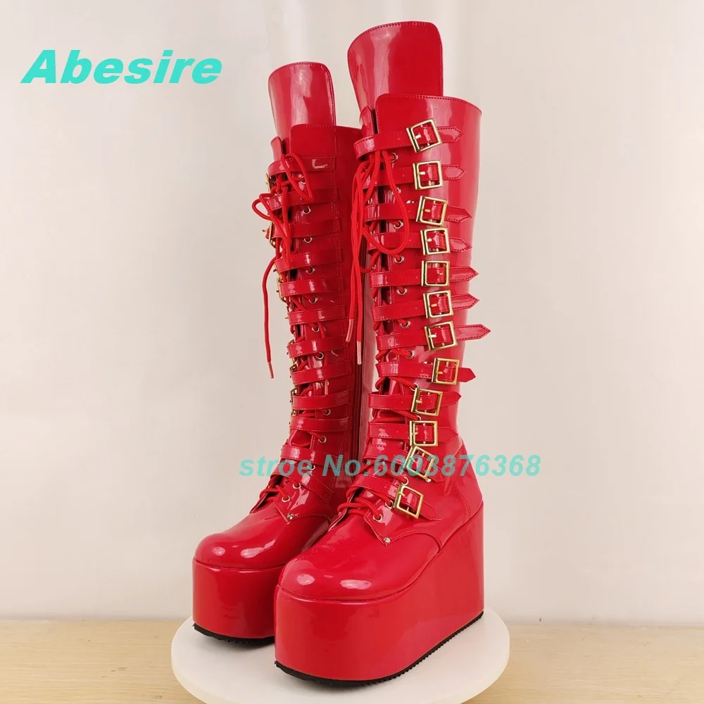 Lolita Multi-Buckles Patent Leather Knee High Boots Zipper Wedges Platform Cross-Tied Shoes for Women Punk Tank Sole Shoes New
Lolita Multi-Buckles Patent Leather Knee High Boots Zipper Wedges Platform Cross-Tied Shoes for Women Punk Tank Sole Shoes New