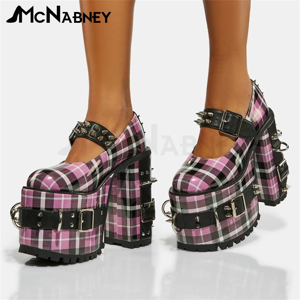 Purple Plaid Chunky Heel Mary Janes Rivet Punk Gothic Style Pumps for Women Round Toe Platform Belt Buckle High Heels Shoes Sale
Purple Plaid Chunky Heel Mary Janes Rivet Punk Gothic Style Pumps for Women Round Toe Platform Belt Buckle High Heels Shoes Sale