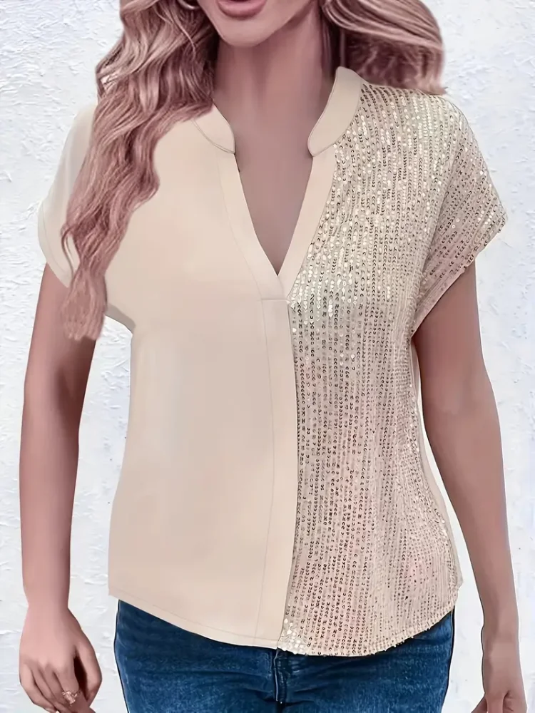 Plus Size Sequin Stitching Blouse Casual V Neck Short Sleeve Blouse For Summer Women's Plus Size Clothing
Plus Size Sequin Stitching Blouse Casual V Neck Short Sleeve Blouse For Summer Women's Plus Size Clothing