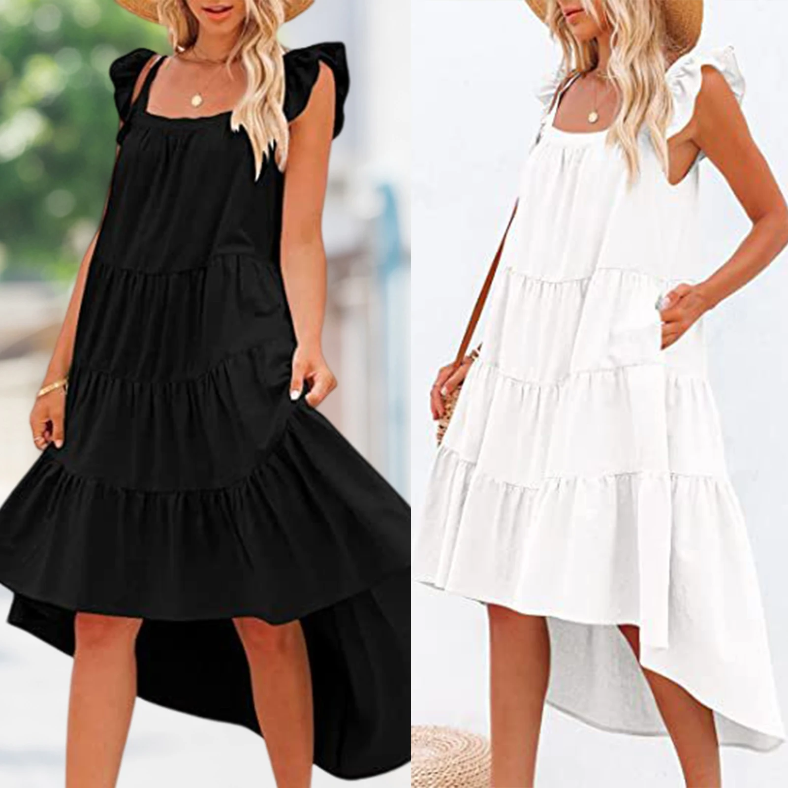 

Ladies Ruffle Maxi Dress Loose Fit Cotton Backless Long Dress Sleeveless Solid Color Young Girl Style Holidays Vacation