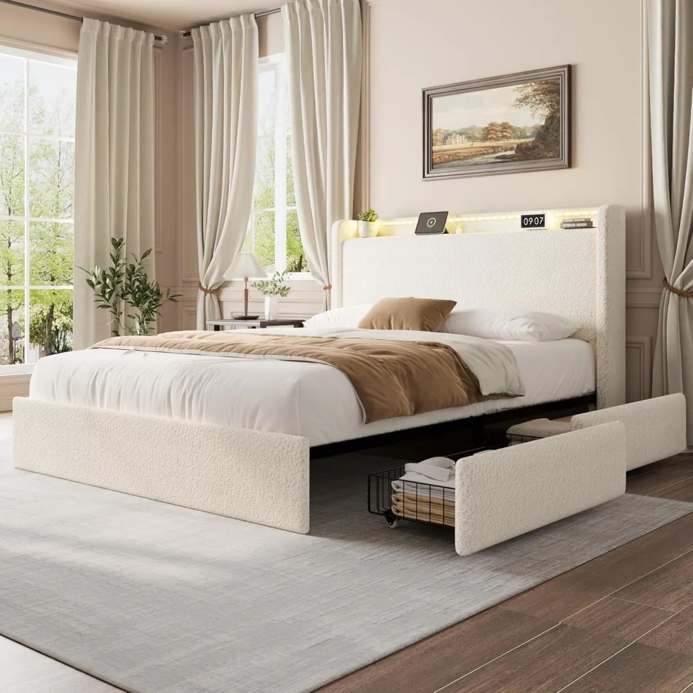 Full LED Bed Frame with 4 Storage Drawers and Storage Headboard, Soft Boucle Upholstered Platform Bed Frame with Charging Statio
Full LED Bed Frame with 4 Storage Drawers and Storage Headboard, Soft Boucle Upholstered Platform Bed Frame with Charging Statio