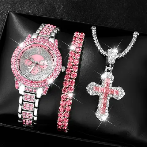 pink 3pcs Women's Quartz Watch Set with Rhinestone Detail - Includes Round Dial, Charming Cross Pendant Necklace & Bracelet