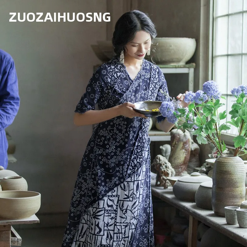 Original Blue Dye Printed Cotton Long Dress Vintage Artistic Tea Color Skirt Loose Waist V Neck a Line Gown
Original Blue Dye Printed Cotton Long Dress Vintage Artistic Tea Color Skirt Loose Waist V Neck a Line Gown