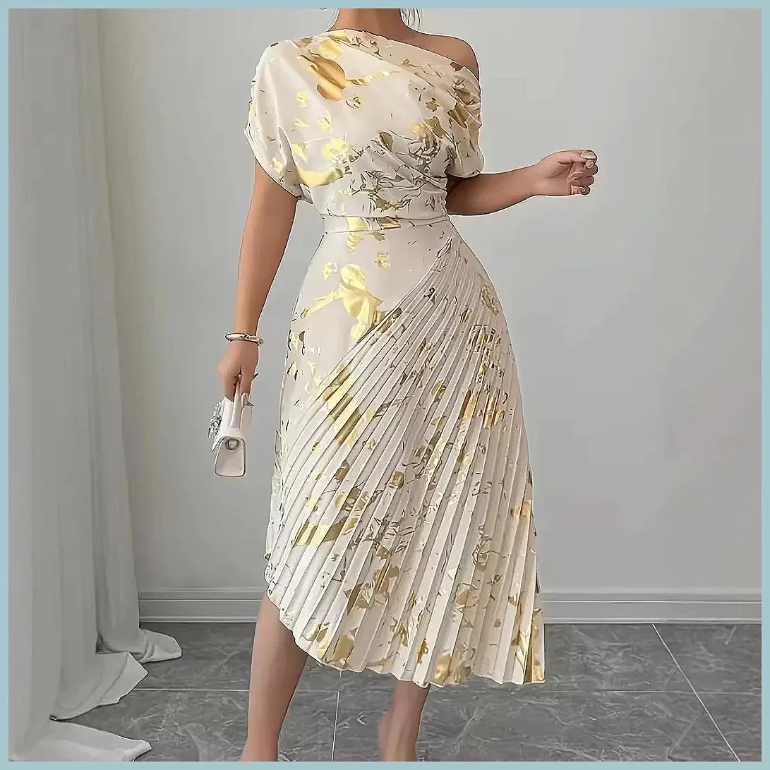 Elegant Women's Dress with Diagonal Shoulder & Gold Leaf Pleats, Fashion Irregular Hem Casual One-Piece
Elegant Women's Dress with Diagonal Shoulder & Gold Leaf Pleats, Fashion Irregular Hem Casual One-Piece