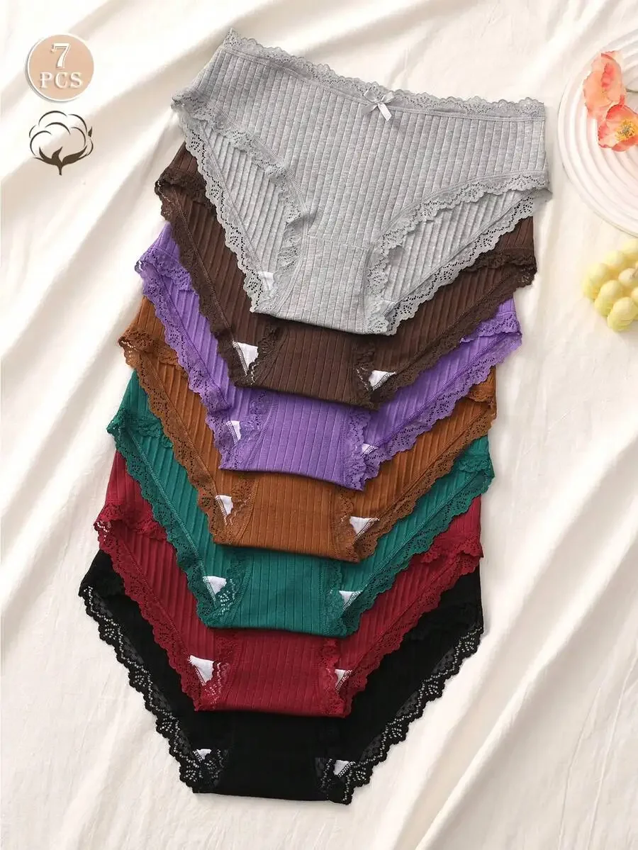 7pcs Women Cotton Stretch Lace Bow Panties Set
7pcs Women Cotton Stretch Lace Bow Panties Set