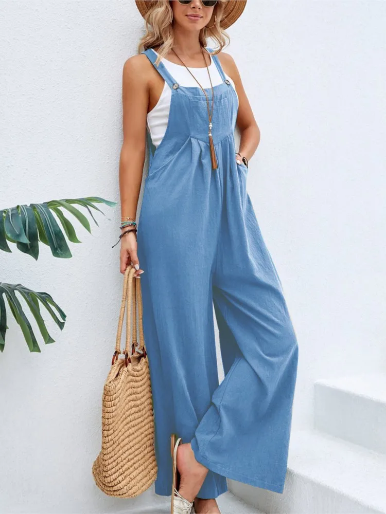 Casual Strap Trousers Ew Solid Color Retro Cotton Hemp Suspender Jumpsuit For Summer Casual Pocket Slim Female Wide Leg Pants
Casual Strap Trousers Ew Solid Color Retro Cotton Hemp Suspender Jumpsuit For Summer Casual Pocket Slim Female Wide Leg Pants