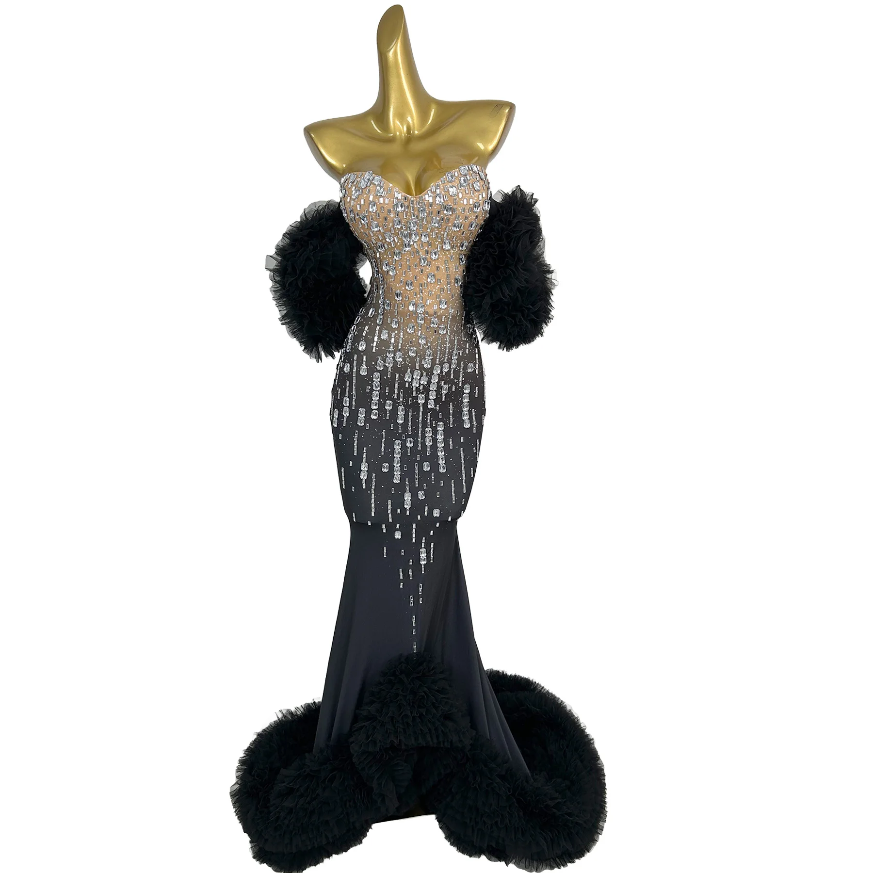 Wuyu Black Silver Rhinestone Mermaid Gown with Fixed Off Shoulder Tulle Sleeves Tiered Tulle Hem for Gala Red Carpet Events
Wuyu Black Silver Rhinestone Mermaid Gown with Fixed Off Shoulder Tulle Sleeves Tiered Tulle Hem for Gala Red Carpet Events