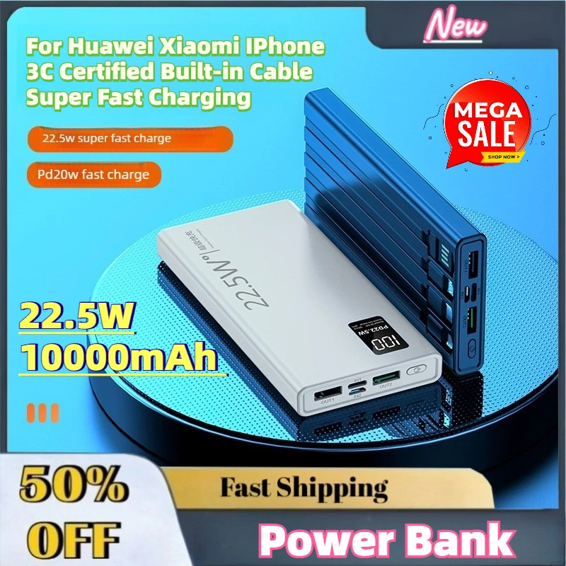 Large Capacity New 10000mAh 22.5W Power Bank for Huawei Xiaomi IPhone 3C Certified Built-in Cable Super Fast Charging
Large Capacity New 10000mAh 22.5W Power Bank for Huawei Xiaomi IPhone 3C Certified Built-in Cable Super Fast Charging