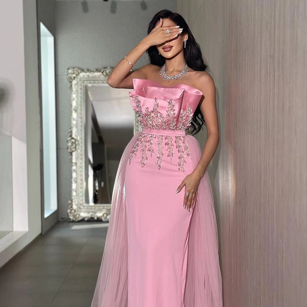 Customized Strapless Pink Jersey Formal Evening Dress Crystal Tulle Watteau Train Party Gown Backless Ankle Length Prom Dress
Customized Strapless Pink Jersey Formal Evening Dress Crystal Tulle Watteau Train Party Gown Backless Ankle Length Prom Dress