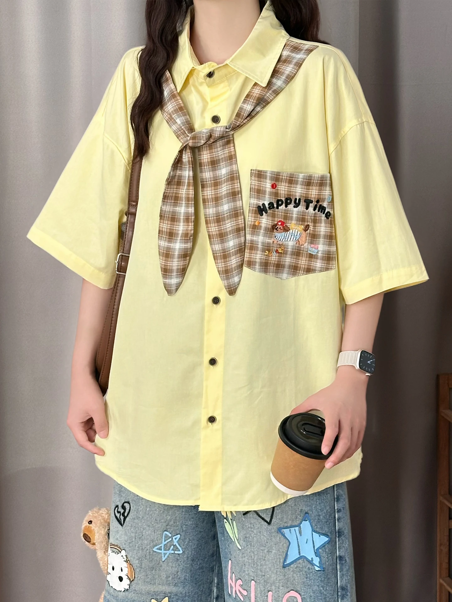 Original Japanese Style Checks Embroidery Short Sleeve Women's Shirt with Scarf Tie Cotton Summer Breathable Loose Fit Shirt
Original Japanese Style Checks Embroidery Short Sleeve Women's Shirt with Scarf Tie Cotton Summer Breathable Loose Fit Shirt
