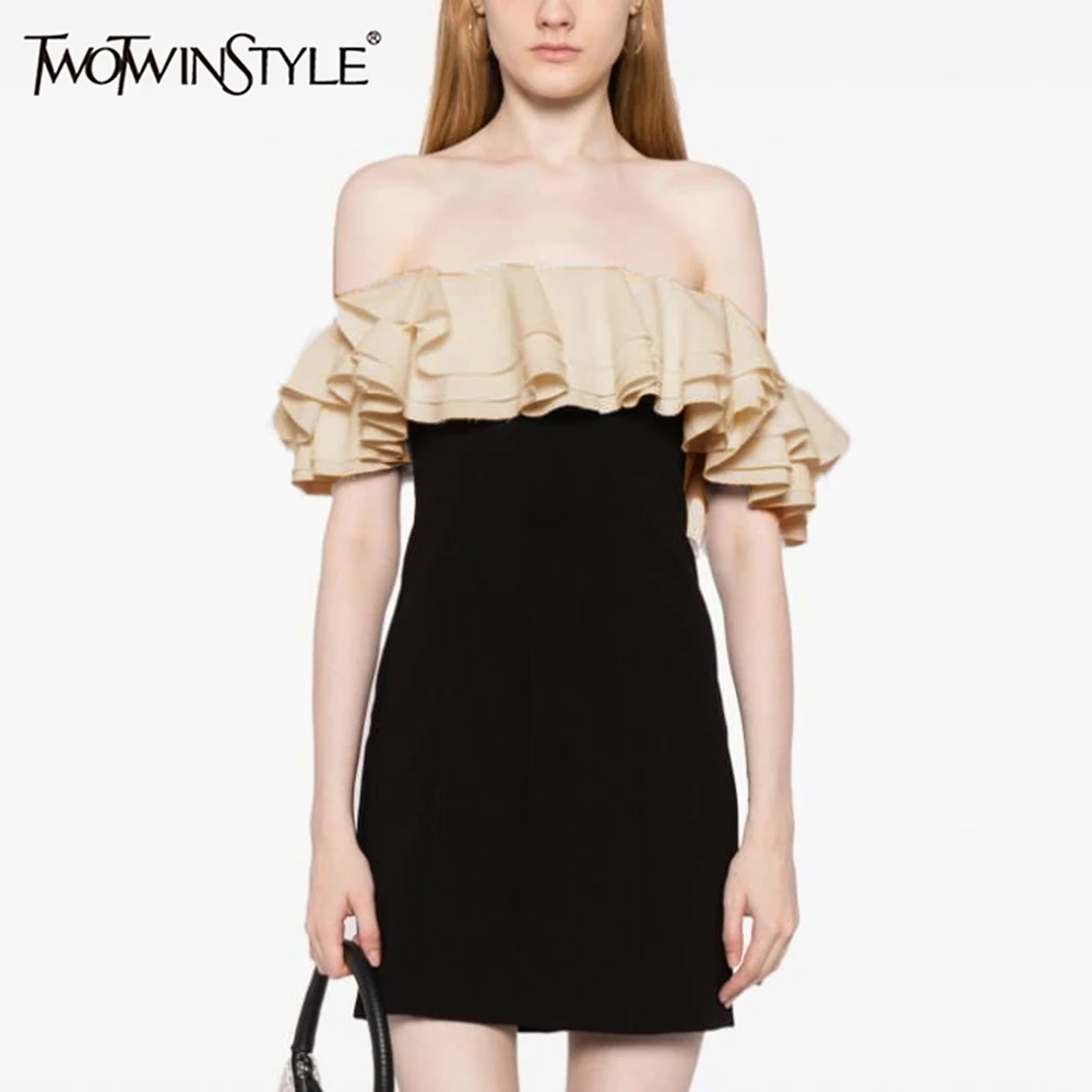 TWOTWINSTYLE Sexy Backless Mini Dresses For Women Slash Neck Short Sleeve High Waist Colorblock Slimming Designer Dress Female
TWOTWINSTYLE Sexy Backless Mini Dresses For Women Slash Neck Short Sleeve High Waist Colorblock Slimming Designer Dress Female
