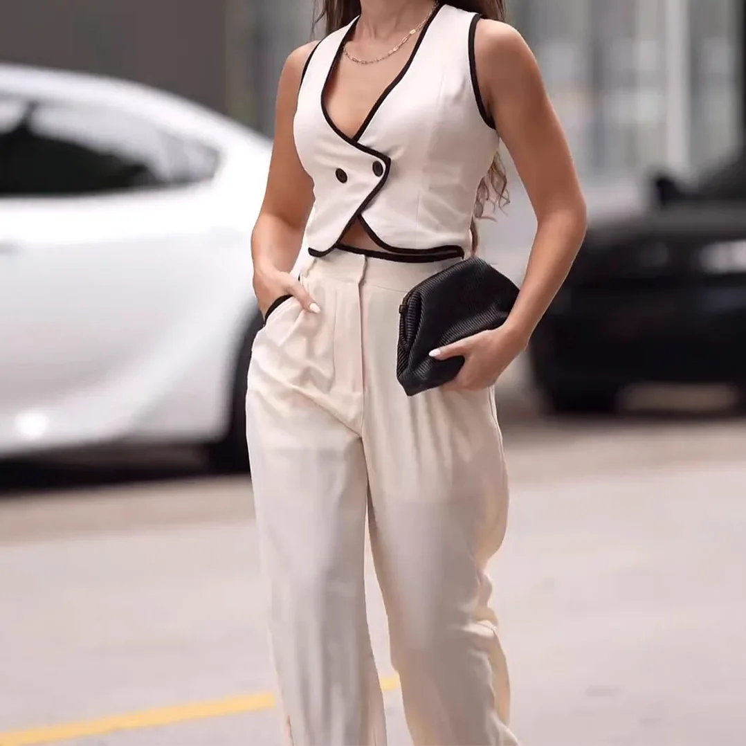 Two Piece Set Women Sexy Vest Wide Leg Pants Outfits Sleeveless V Neck Buttons Waistcoat Trousers Ensemble Temperament Suit
Two Piece Set Women Sexy Vest Wide Leg Pants Outfits Sleeveless V Neck Buttons Waistcoat Trousers Ensemble Temperament Suit