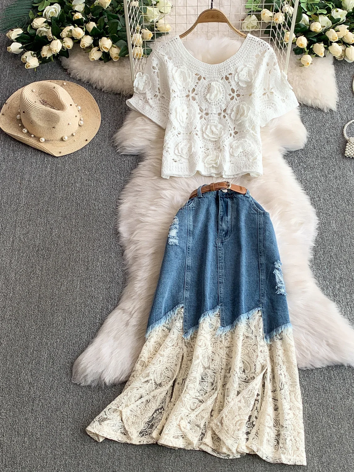 Heavy Embroidery 3D Flower T-irt Top High Waist Slimming Lace Splicing Denim Skirt Two-Piece Set Women's Faion Summe...
Heavy Embroidery 3D Flower T-irt Top High Waist Slimming Lace Splicing Denim Skirt Two-Piece Set Women's Faion Summe...