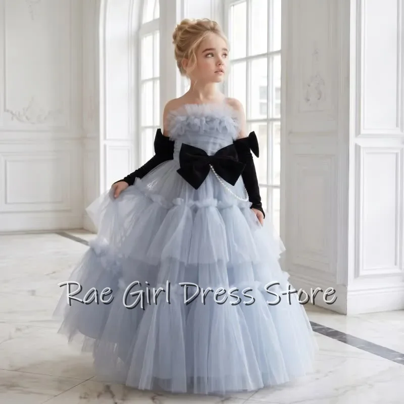 Luxury Dusty Blue Flower Girl Dress For Wedding Birthday Pageant Black Bow Mesh Tiered Party Gowns Customized
Luxury Dusty Blue Flower Girl Dress For Wedding Birthday Pageant Black Bow Mesh Tiered Party Gowns Customized