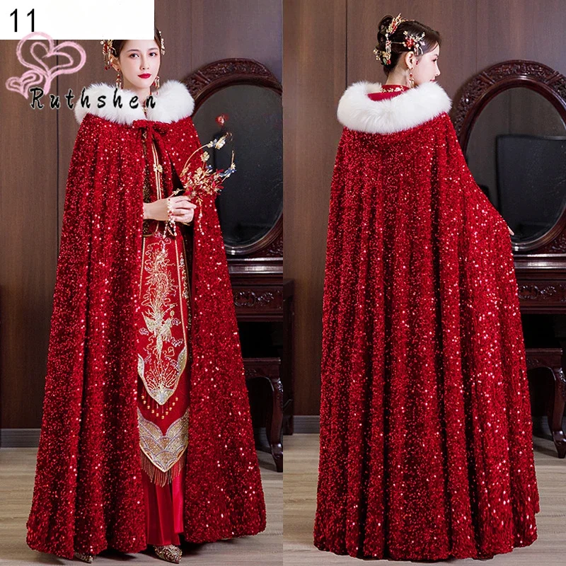 Sequins Bridal Cape Burgundy Christmas Cloaks Faux Fur Hooded Wine Red Wedding Accessories Long Wraps Capa Novia Customized
Sequins Bridal Cape Burgundy Christmas Cloaks Faux Fur Hooded Wine Red Wedding Accessories Long Wraps Capa Novia Customized
