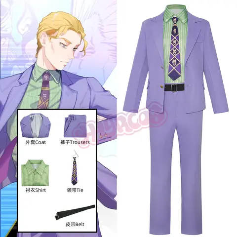 5PCS Kira Yoshikage Cosplay Anime Costume Women Men Coat+Pants+Shirt+Tie+Belt Halloween Cosplay Costumes Accessories