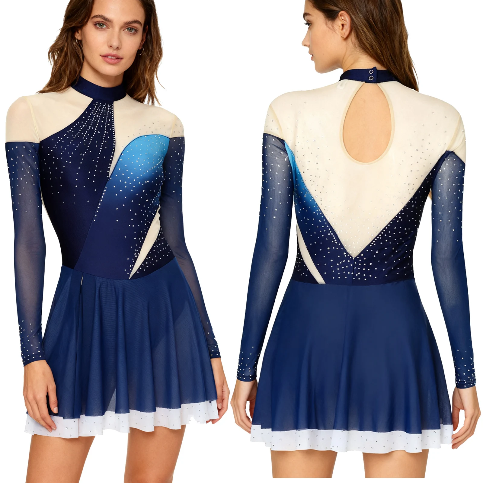 Women Rhinestones Mesh Figure Skating Costumes Gradient Color Long Sleeve Back Cut Built-In Crotch Buttons Briefs Ruffled Dress
Women Rhinestones Mesh Figure Skating Costumes Gradient Color Long Sleeve Back Cut Built-In Crotch Buttons Briefs Ruffled Dress