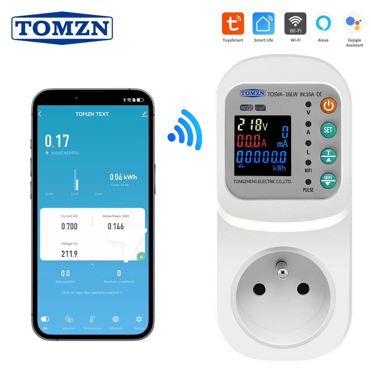 TOMZN TOSVA-16LW France WIFI TUYA AC 110V 220V 1-16A voltage current leakage Socket Adjustable Power with PE metering timer
TOMZN TOSVA-16LW France WIFI TUYA AC 110V 220V 1-16A voltage current leakage Socket Adjustable Power with PE metering timer