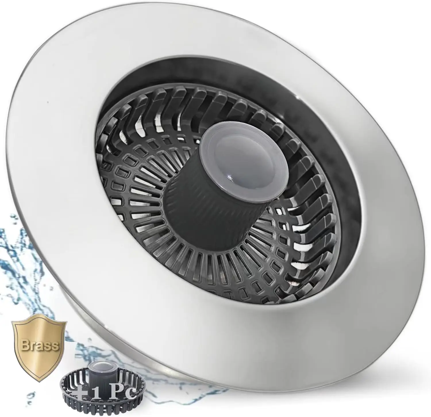 3 in 1 Kitchen Sink Stopper, Pop Up Drain Strainer with Extra Basket, for US Standard 3-1/2" Sink, Brass Electroplate Silver
3 in 1 Kitchen Sink Stopper, Pop Up Drain Strainer with Extra Basket, for US Standard 3-1/2" Sink, Brass Electroplate Silver