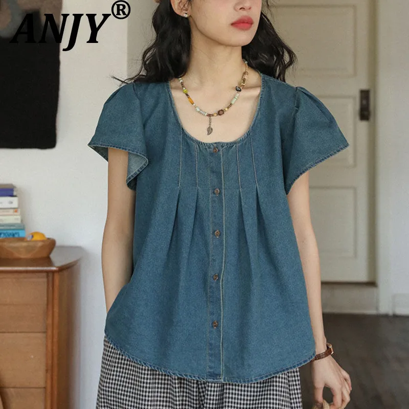ANJY Summer New Women Vintage Chic Denim Shirt Short Sleeve Pleated Single Breasted Sweet Elegant Fashion High Street Tops A9145
ANJY Summer New Women Vintage Chic Denim Shirt Short Sleeve Pleated Single Breasted Sweet Elegant Fashion High Street Tops A9145
