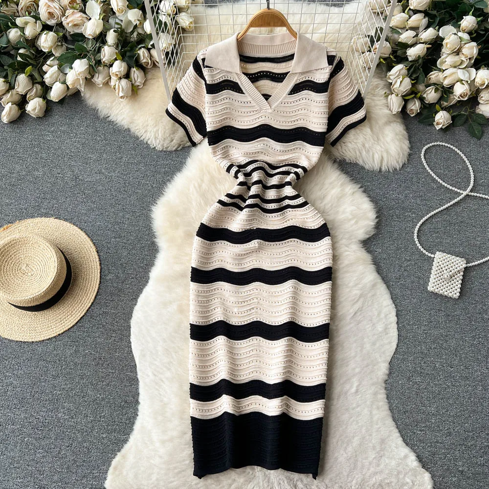 Croysier Dresses Summer Clothes Women Polo Collar Short Sleeve Casual Striped Openwork Knitted Dress Elegant Bodycon Midi Dress
Croysier Dresses Summer Clothes Women Polo Collar Short Sleeve Casual Striped Openwork Knitted Dress Elegant Bodycon Midi Dress