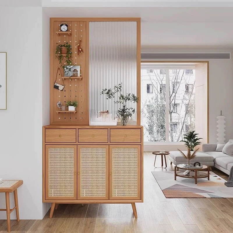 Japanese cherry wood entrance hall, living room, hole board, Changhong glass partition, rattan integrated screen, shoe cabinet
Japanese cherry wood entrance hall, living room, hole board, Changhong glass partition, rattan integrated screen, shoe cabinet