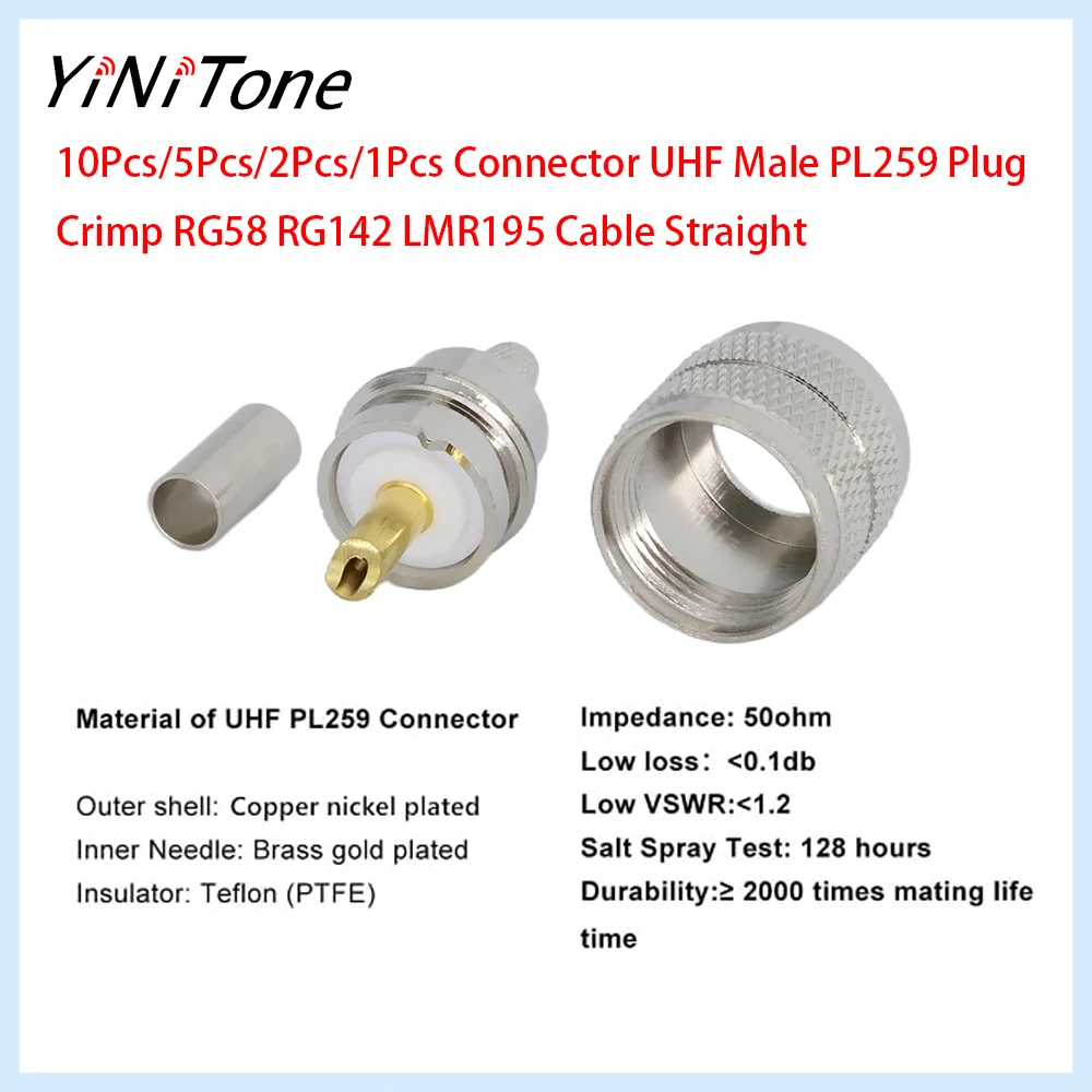 10pcs/5pcs/2pcs/1pcs PL-259 UHF Male RF Crimp Solder Connector Adapter for RG58 RG142 LMR195 Coax Cable - Nickel & Gold Plated
10pcs/5pcs/2pcs/1pcs PL-259 UHF Male RF Crimp Solder Connector Adapter for RG58 RG142 LMR195 Coax Cable - Nickel & Gold Plated