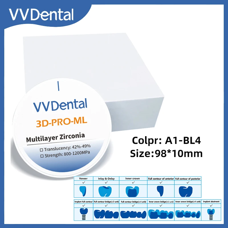 Многослойные циркониевые блоки VVDental 3D-Pro-ML 98X10 мм, открытая система, пропускание 42%-49%, диск Cad Cam, использование стоматологической лаборатории
Многослойные циркониевые блоки VVDental 3D-Pro-ML 98X10 мм, открытая система, пропускание 42%-49%, диск Cad Cam, использование стоматологической лаборатории