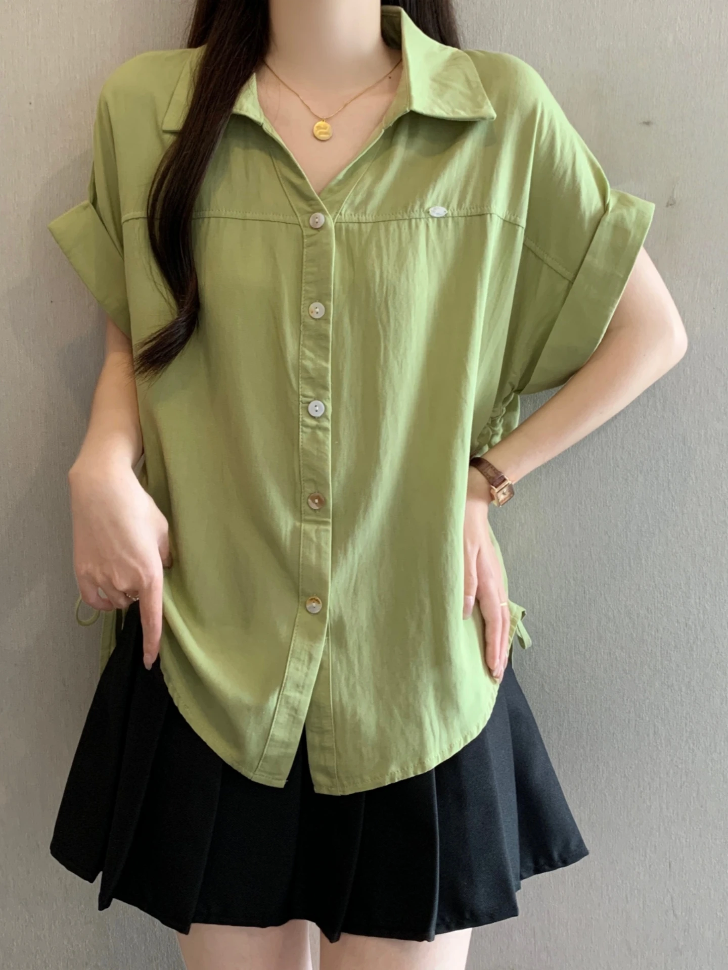 Slimming Design Neck Short Sleeve Drawstring Base Shirt Women Summer New Style plus Size Conceal Belly Top Korean Style
Slimming Design Neck Short Sleeve Drawstring Base Shirt Women Summer New Style plus Size Conceal Belly Top Korean Style