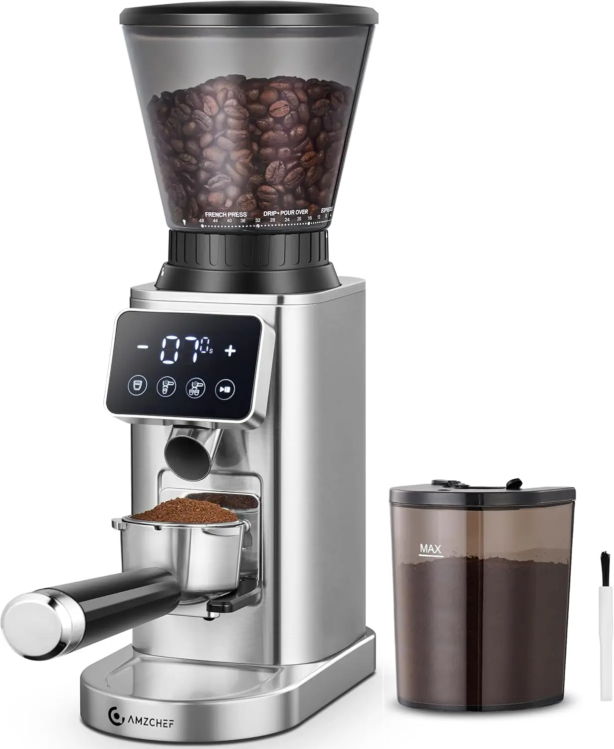Burr Coffee Grinder with 48 Settings, Detachable Funnel for Espresso, LED Panel, Anti-static Design in Silver
Burr Coffee Grinder with 48 Settings, Detachable Funnel for Espresso, LED Panel, Anti-static Design in Silver