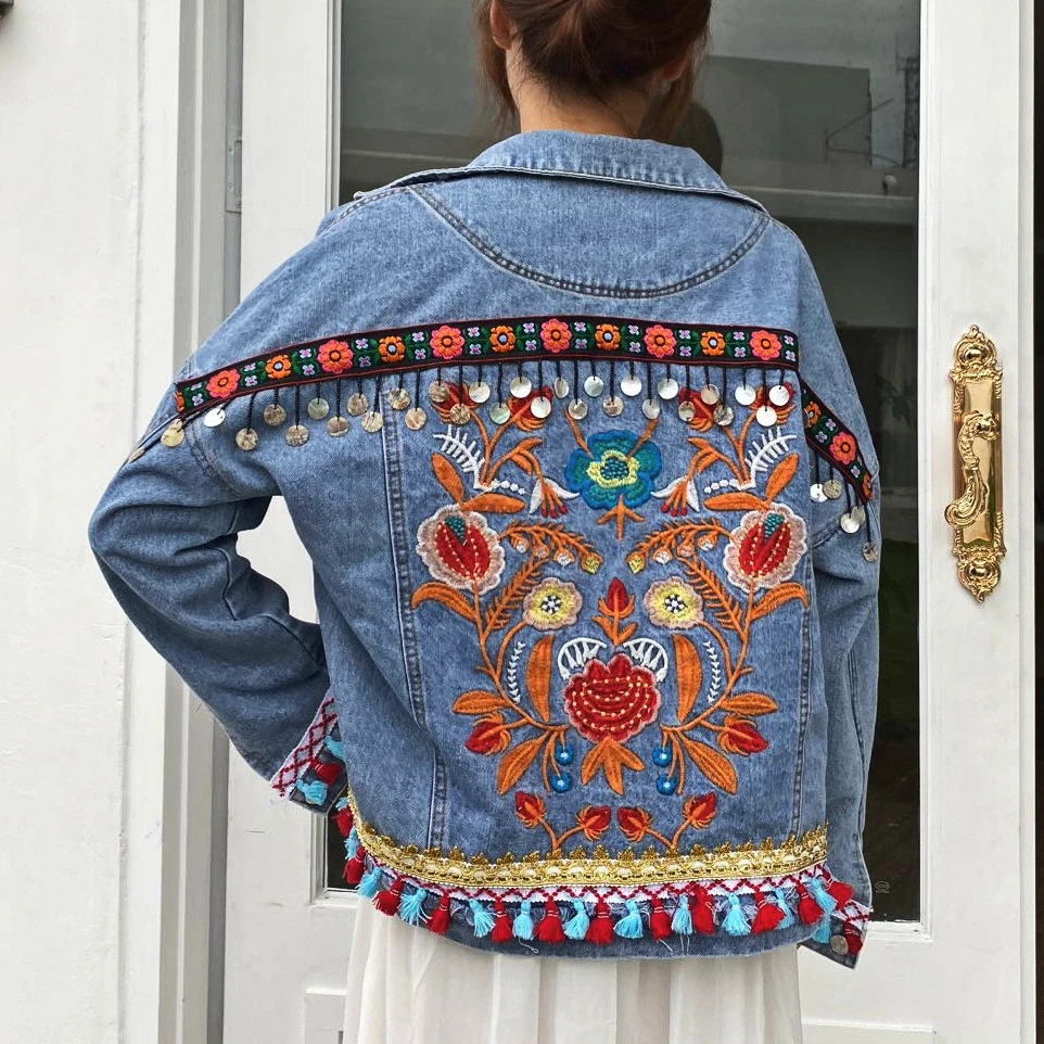 Long Sleeve Blue Denim Jacket Women Coat Vintage Sequins Applique Tassel Floral Embroidery Autumn Jackets Cotton Boho OutWear
Long Sleeve Blue Denim Jacket Women Coat Vintage Sequins Applique Tassel Floral Embroidery Autumn Jackets Cotton Boho OutWear