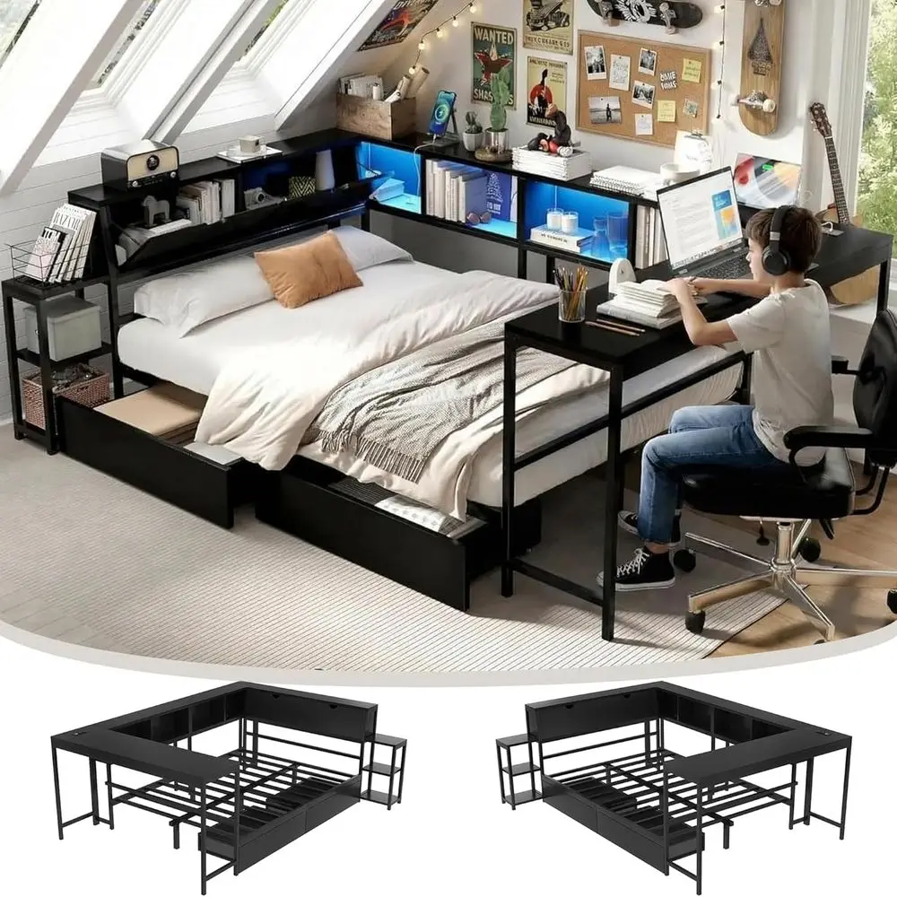 L-Shaped Daybed with Desk, LED Lights, Charging Ports, Storage Drawers for Kids and Compact Spaces in Black
L-Shaped Daybed with Desk, LED Lights, Charging Ports, Storage Drawers for Kids and Compact Spaces in Black