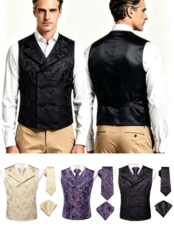 Men's Retro Jacquard Double Breasted Vest 3-Piece Set: Vest, Tie & Pocket Square. Colors: Red, Blue, Purple, Green or Black
Men's Retro Jacquard Double Breasted Vest 3-Piece Set: Vest, Tie & Pocket Square. Colors: Red, Blue, Purple, Green or Black