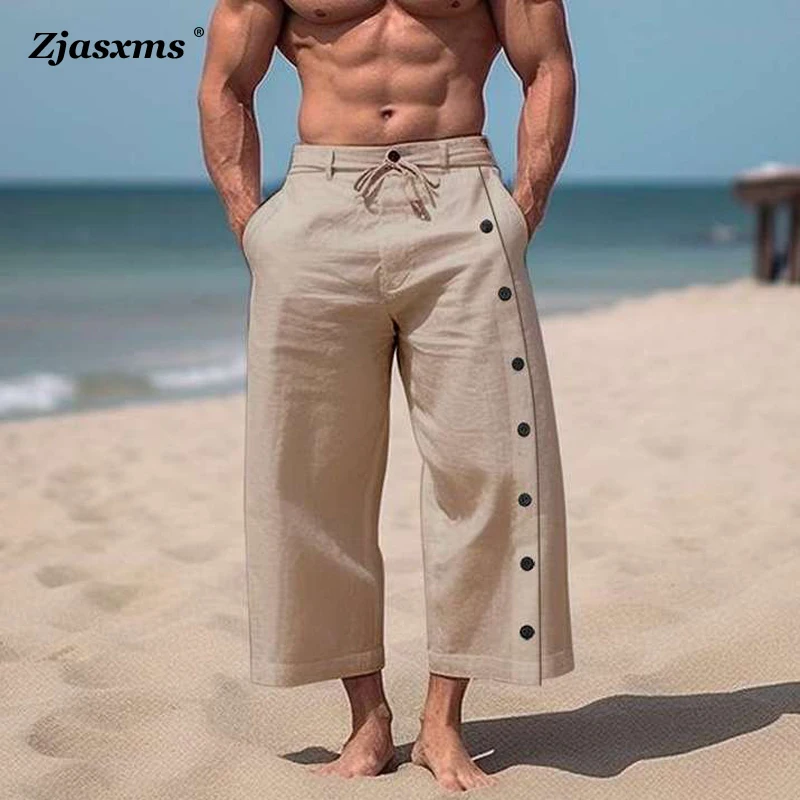 Men Casual Solid Color Cotton Linen Multi-Button Beach Pant Fashion Mid-Waist Loose Trouser Men Drawstring Pocket Wide-Leg Pants
Men Casual Solid Color Cotton Linen Multi-Button Beach Pant Fashion Mid-Waist Loose Trouser Men Drawstring Pocket Wide-Leg Pants