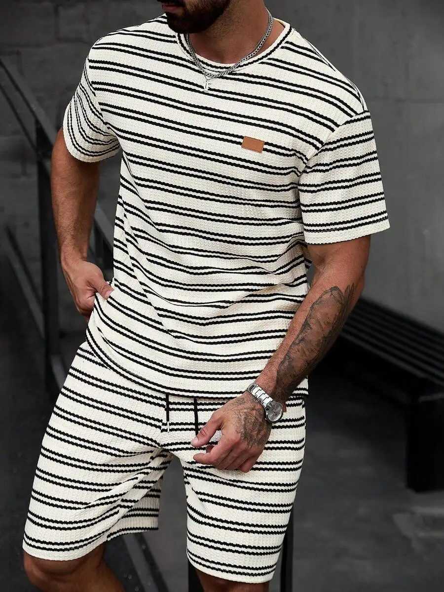 Mens Striped Casual Two Piece Set Short Sleeve T-Shirt And Drawstring Shorts
Mens Striped Casual Two Piece Set Short Sleeve T-Shirt And Drawstring Shorts