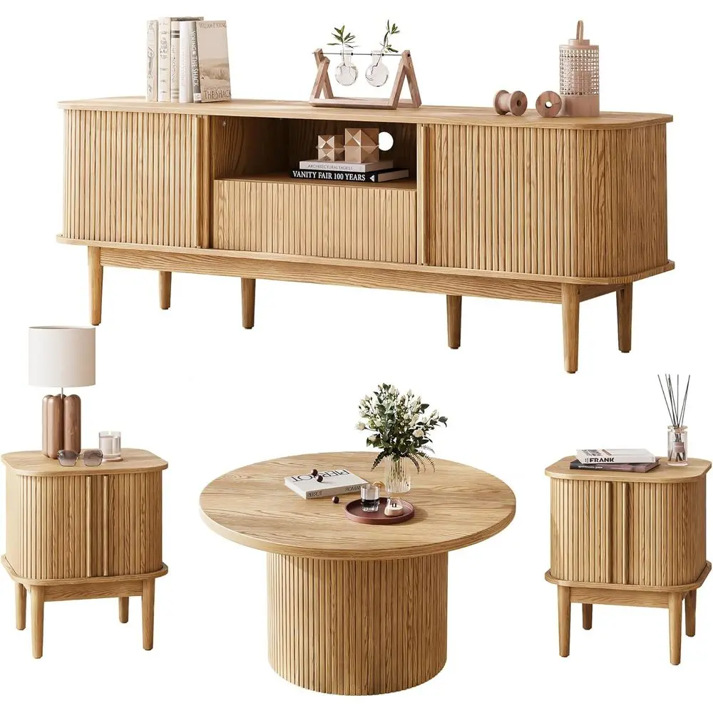4-Piece Living Room Furniture Set: Sliding End Table, TV Stand, Storage Coffee Table, Natural-Tone Bedroom/Living Room Set
4-Piece Living Room Furniture Set: Sliding End Table, TV Stand, Storage Coffee Table, Natural-Tone Bedroom/Living Room Set