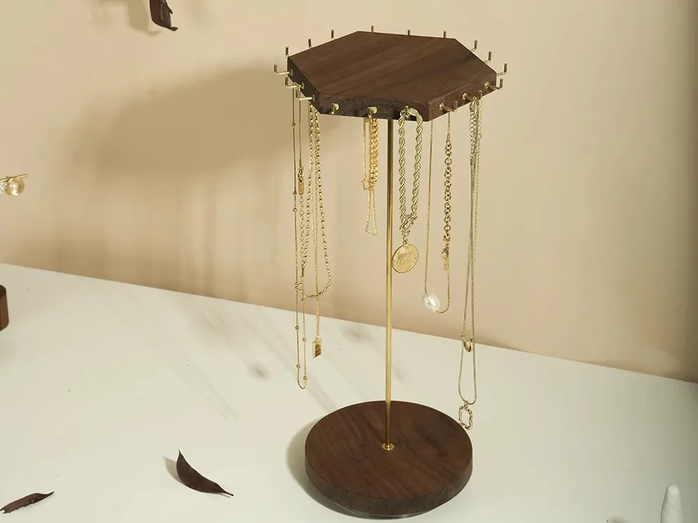 Jewelry display rack bracelet hanging rack black walnut brass rotatable necklace storage stand
Jewelry display rack bracelet hanging rack black walnut brass rotatable necklace storage stand