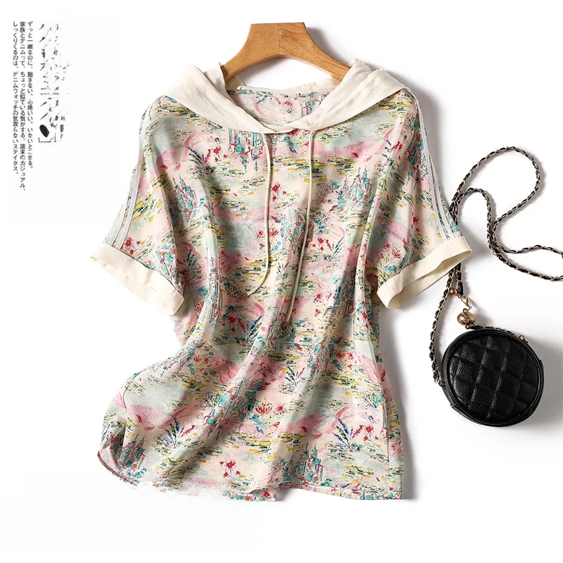 Qingdao Brand Silk Short Sleeve T-Shirt Women's True Silk Silk Hoodie Top Korean Style Floral Print Commute Wear
Qingdao Brand Silk Short Sleeve T-Shirt Women's True Silk Silk Hoodie Top Korean Style Floral Print Commute Wear