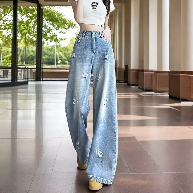 Light Blue Dyeing Wide Leg Jeans Women's Autumn Thin High Waist Design Casual Floor-Length Pants Asymmetrical Cotton Polyester
Light Blue Dyeing Wide Leg Jeans Women's Autumn Thin High Waist Design Casual Floor-Length Pants Asymmetrical Cotton Polyester