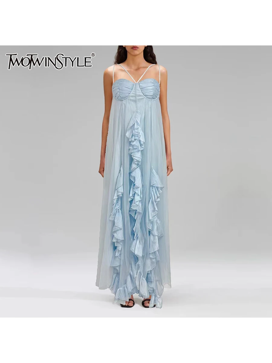 TWOTWINSTYLE Solid Spliced Ruffles Slimming Dresses For Women Square Neck Sleeveless High Waist Temperament Long Dress Female
TWOTWINSTYLE Solid Spliced Ruffles Slimming Dresses For Women Square Neck Sleeveless High Waist Temperament Long Dress Female