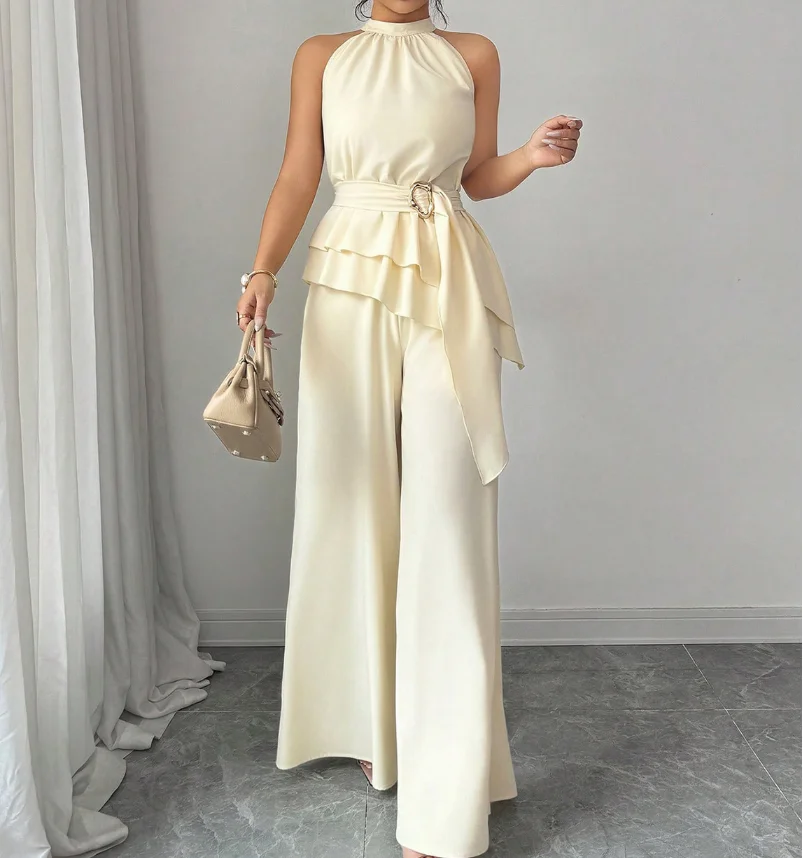 Two Piece Women Outfit 2026 Spring Solid Color Mock Neck Sleeveless Irregular Ruffles Hem Top & High Waist Wide Leg Pants Set
Two Piece Women Outfit 2026 Spring Solid Color Mock Neck Sleeveless Irregular Ruffles Hem Top & High Waist Wide Leg Pants Set