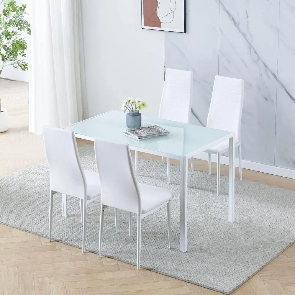 5-Piece White Glass Dining Table with 4 PU Leather Chairs for Kitchen and Dining Room
5-Piece White Glass Dining Table with 4 PU Leather Chairs for Kitchen and Dining Room