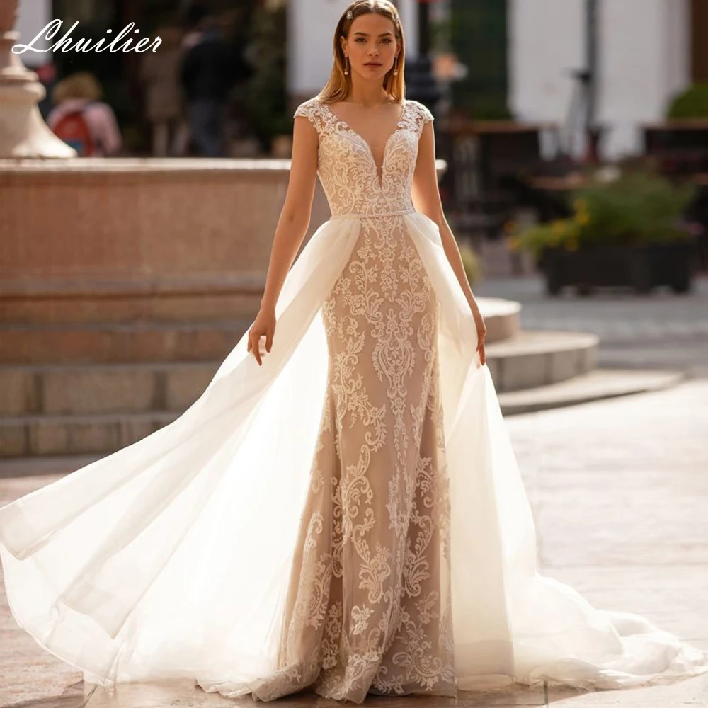 Lhuilier Customized V Neck Mermaid Lace Appliques Wedding Dresses Cap Sleeves Bridal Gown with Detachable Train 
Lhuilier Customized V Neck Mermaid Lace Appliques Wedding Dresses Cap Sleeves Bridal Gown with Detachable Train