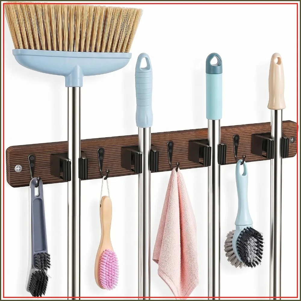 Broom Holder Wall Mounted, 4 Holders & Hooks, Wooden Mop Broom Organizer with Anti-Slip Rubber, Natural Pine, Nail Installation
Broom Holder Wall Mounted, 4 Holders & Hooks, Wooden Mop Broom Organizer with Anti-Slip Rubber, Natural Pine, Nail Installation