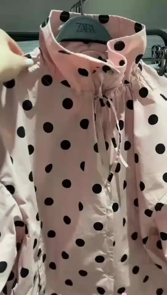HH Woman Long Sleeve Pink Polka Dot Jacket Fashion Single Breasted High Collar Short Coat Women Spring Casual High Street Jacket