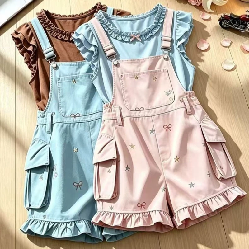 Kawaii Harajuku Cute Flutter Sleeve Ruffle Lace Trim 2 Piece Set Blue Brown Suspender Shorts Top Women Girls Summer Daily Wear
Kawaii Harajuku Cute Flutter Sleeve Ruffle Lace Trim 2 Piece Set Blue Brown Suspender Shorts Top Women Girls Summer Daily Wear