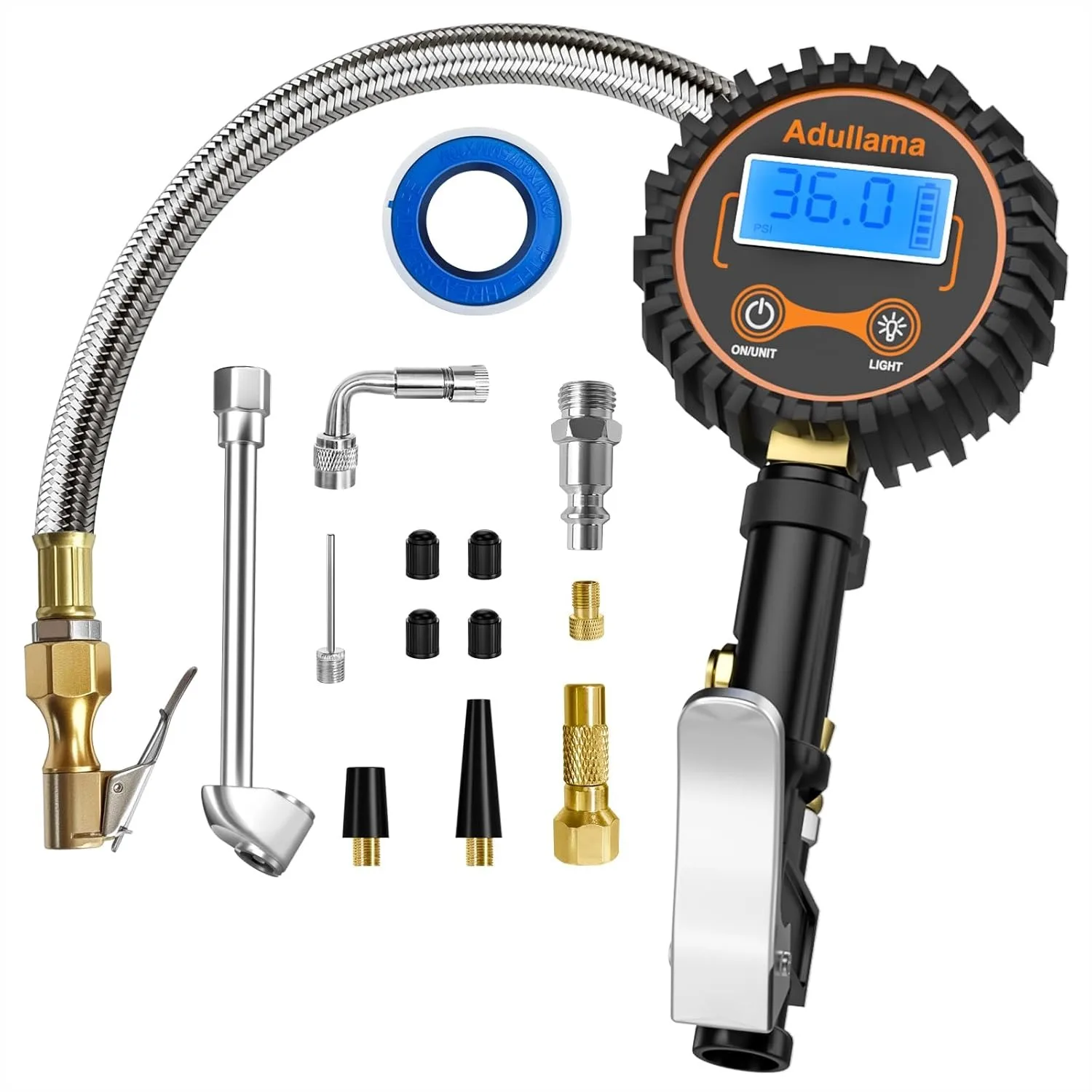Digital Tire Pressure Gauge with Inflator, 250 PSI Heavy Duty Air Chuck, Improved Leaks Protection & Stainless Braided Hose
Digital Tire Pressure Gauge with Inflator, 250 PSI Heavy Duty Air Chuck, Improved Leaks Protection & Stainless Braided Hose