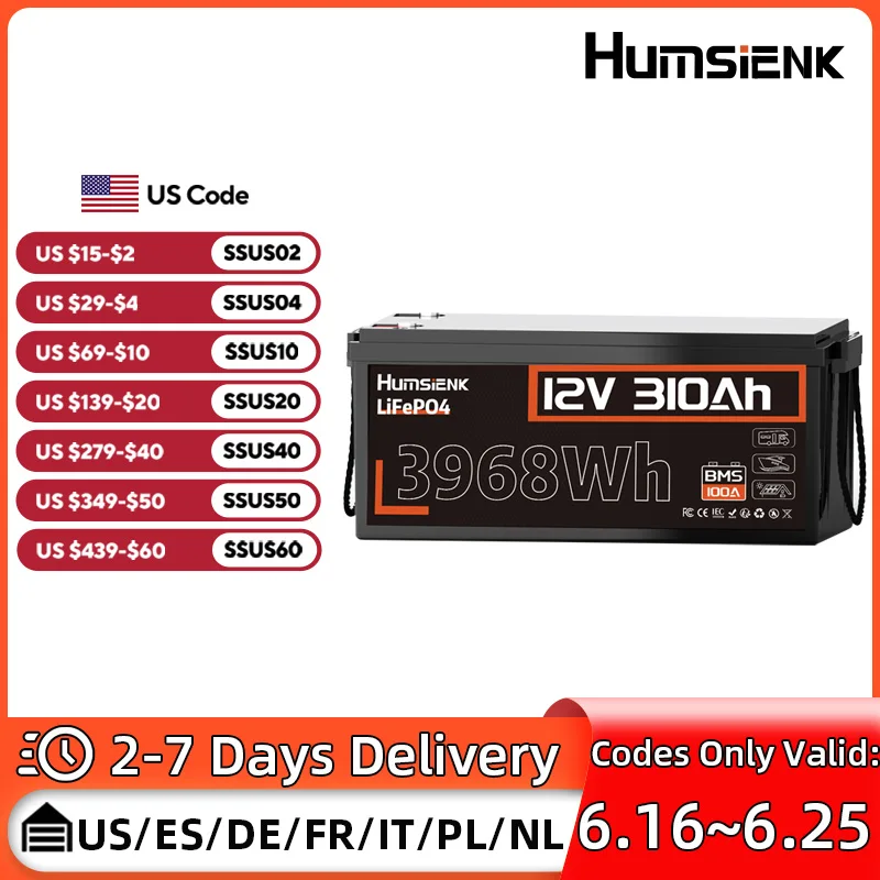 12V 310Ah LiFePO4 Battery 3968Wh Energy 100A BMS A+ Cells For RVs, Vans, Trolling Motor, Solar Energy Storage, Off Grid
12V 310Ah LiFePO4 Battery 3968Wh Energy 100A BMS A+ Cells For RVs, Vans, Trolling Motor, Solar Energy Storage, Off Grid