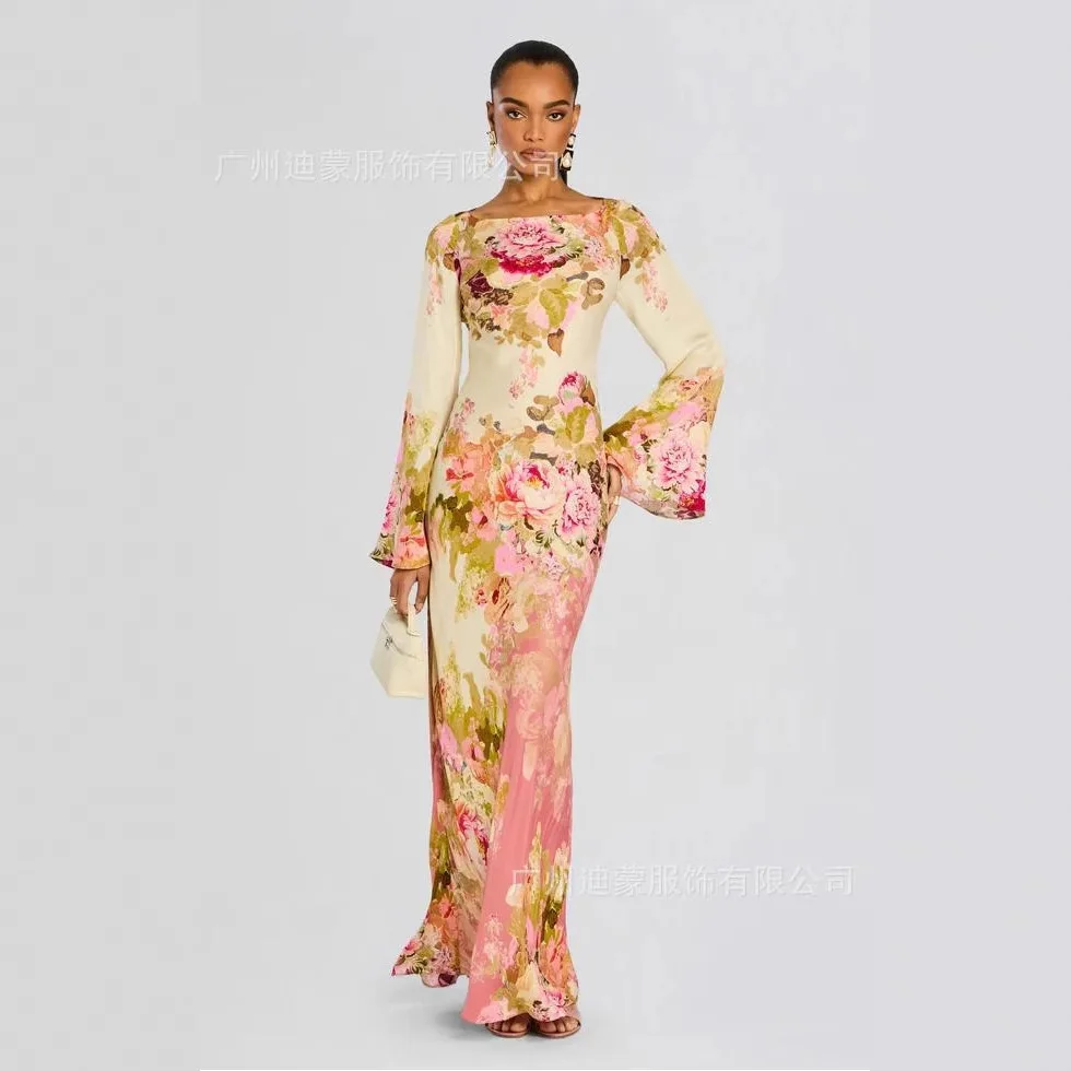 Temperament Flower Print Evening Dress Women Flared Sleeve Package Hip Slim Banquet Party Long Dresses Temperament Female Outfit
Temperament Flower Print Evening Dress Women Flared Sleeve Package Hip Slim Banquet Party Long Dresses Temperament Female Outfit